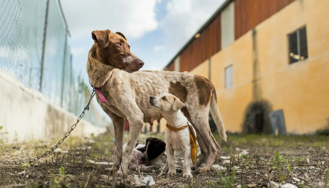 A mother dog with her puppies in a tourism destination
